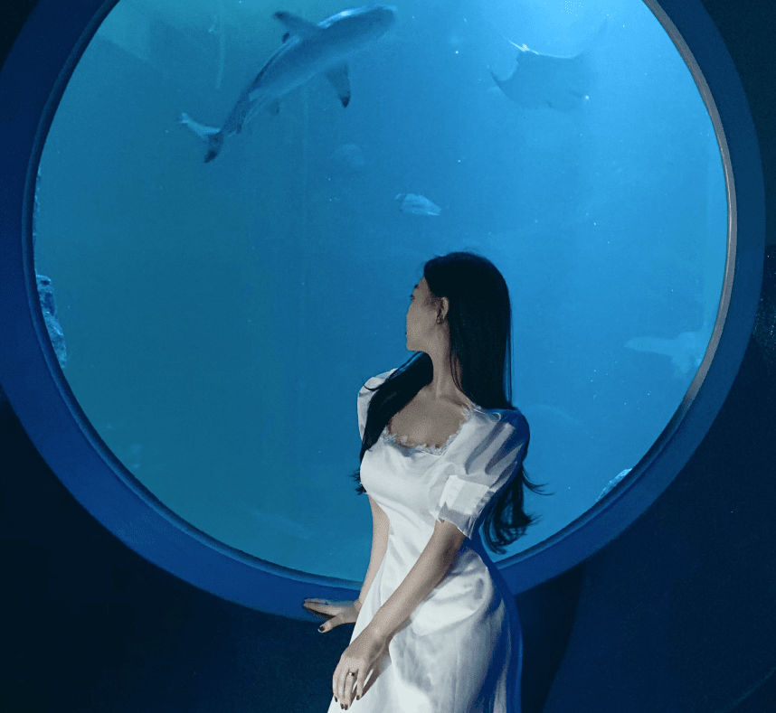 아쿠아리움 보고 있는 여자 이미지